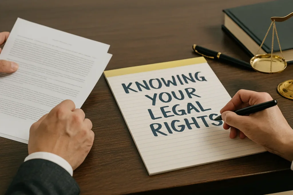 Legal documents, balance scale and notepad showing Knowing Your Legal Rights, concept of understanding DUI rights in Maryland