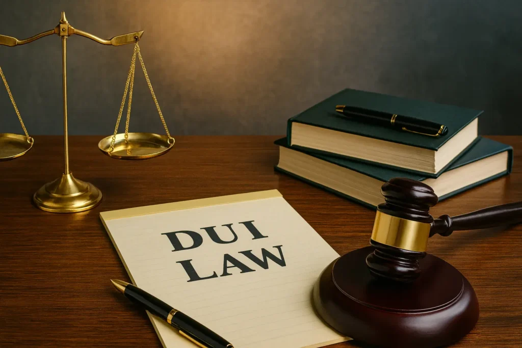 Legal desk with DUI Law document, gavel, scales of justice and law books symbolizing Maryland DUI legal representation