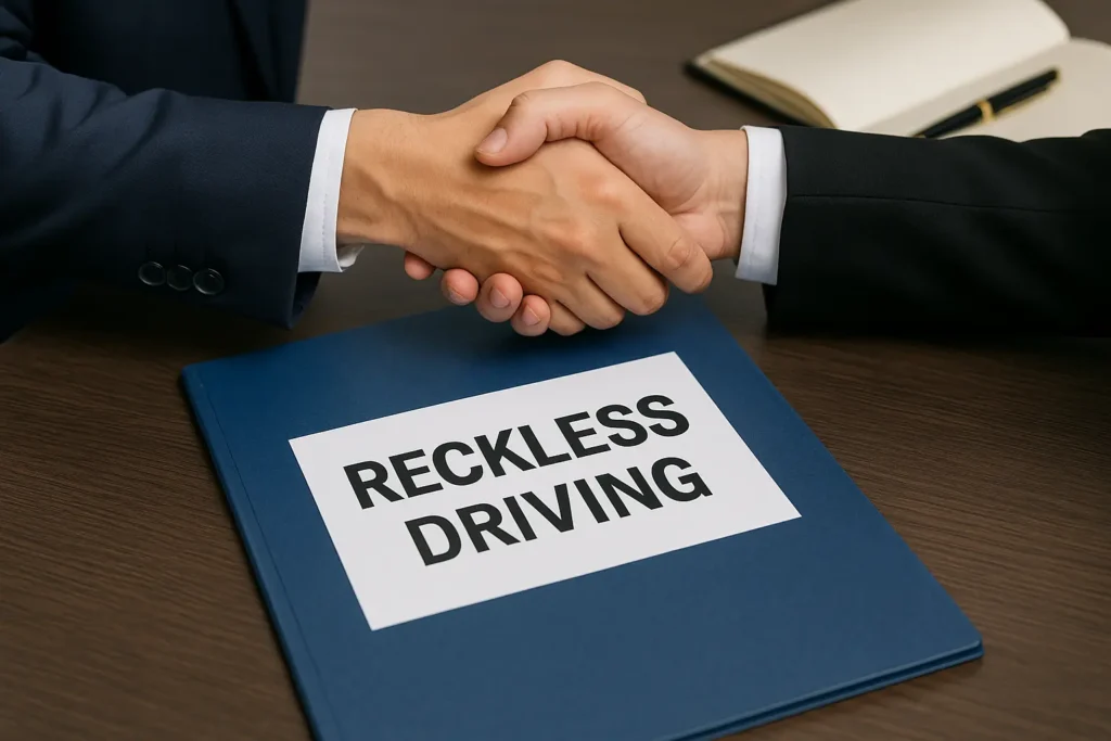 Client and attorney shaking hands over Reckless Driving legal folder on desk, symbolizing trust and legal representation in Maryland