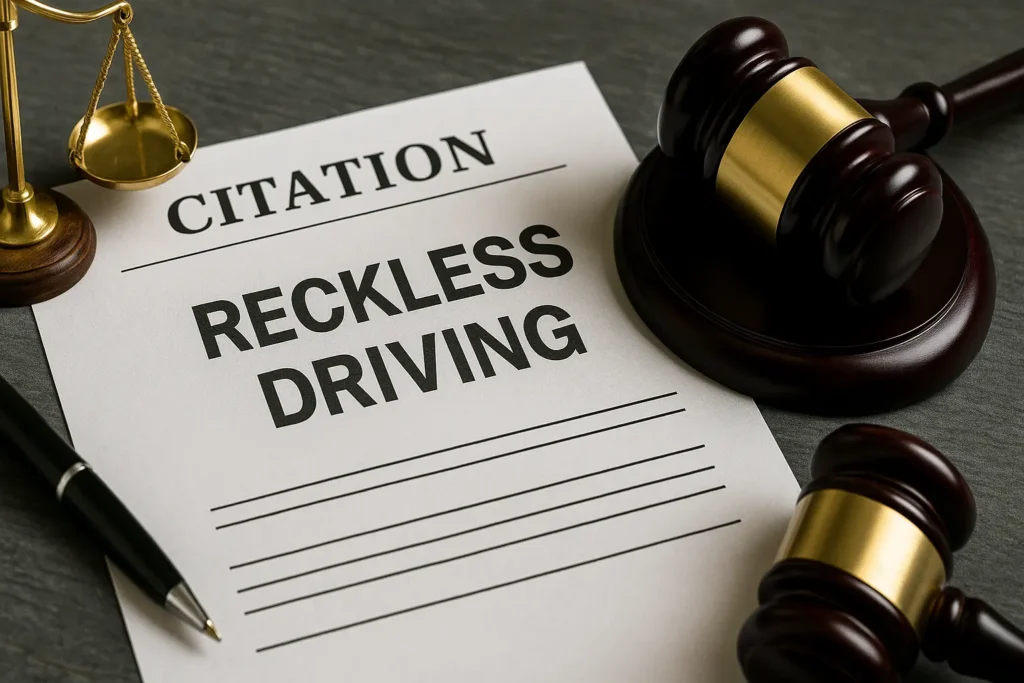 Reckless driving citation document with gavel and justice scales on legal desk, symbolizing Maryland traffic violation law