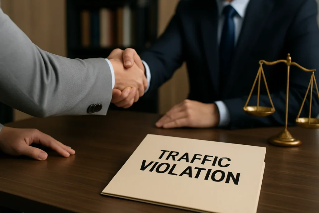 Two individuals shaking hands over a Traffic Violation legal folder with justice scales on the desk, symbolizing trusted Maryland traffic defense representation