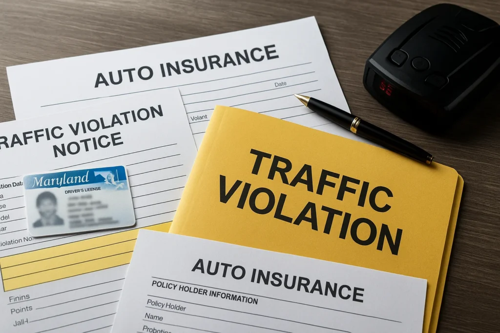 Maryland driver's license, traffic violation notice, auto insurance form and radar detector on desk symbolizing Maryland traffic violation legal defense
