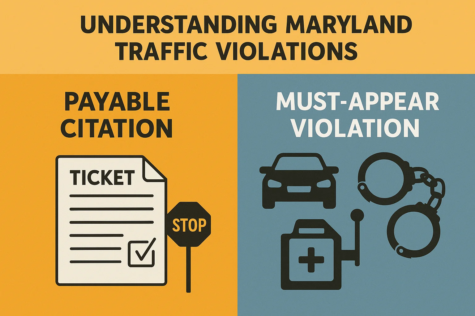 Comparison of payable citation and must-appear traffic violation in Maryland showing fine-based ticket versus court-required violation